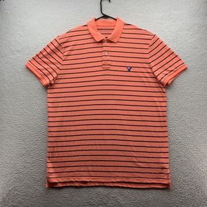 American Eagle Polo Shirt Mens 2XL XXL‎ Slim Fit Salmon Pink Black Striped Dad